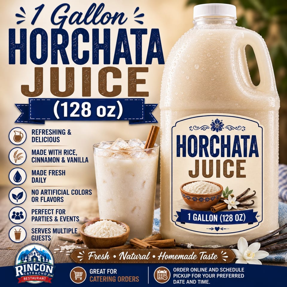 A gallon of Horchata Juice, a glass of horchata with ice, rice, cinnamon sticks, and vanilla beans.