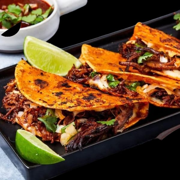 Three Honduran birria tacos with lime wedges and a side of consommé on a black tray.