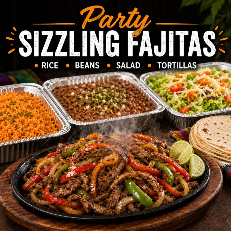 Sizzling fajitas with steak, peppers, and onions, alongside rice, beans, salad, and tortillas.
