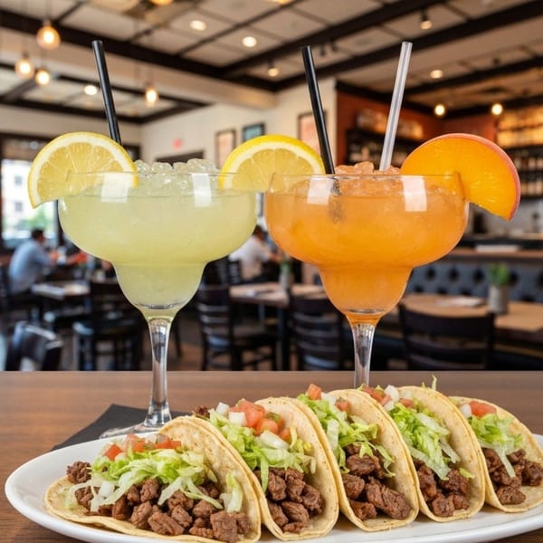 Five Honduran beef tacos with lettuce, tomato, and onion, alongside two margaritas.