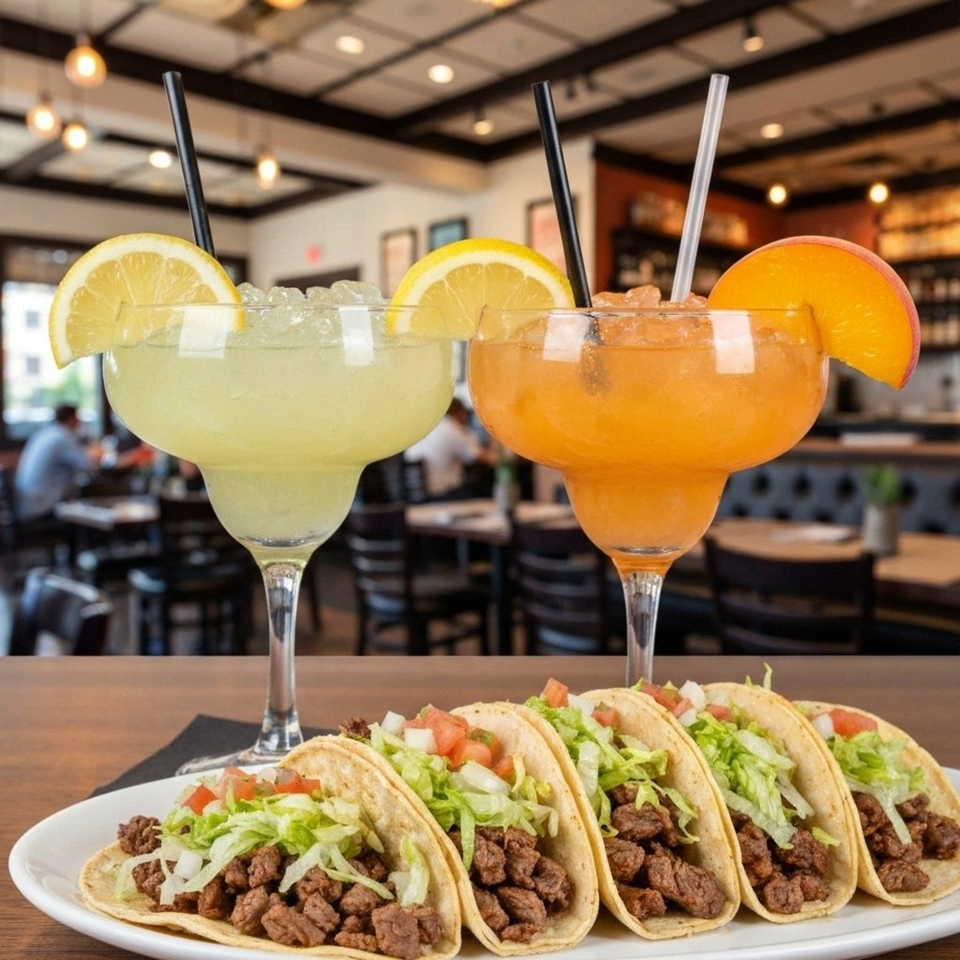 Five Honduran beef tacos with lettuce, tomato, and onion, alongside two margaritas.