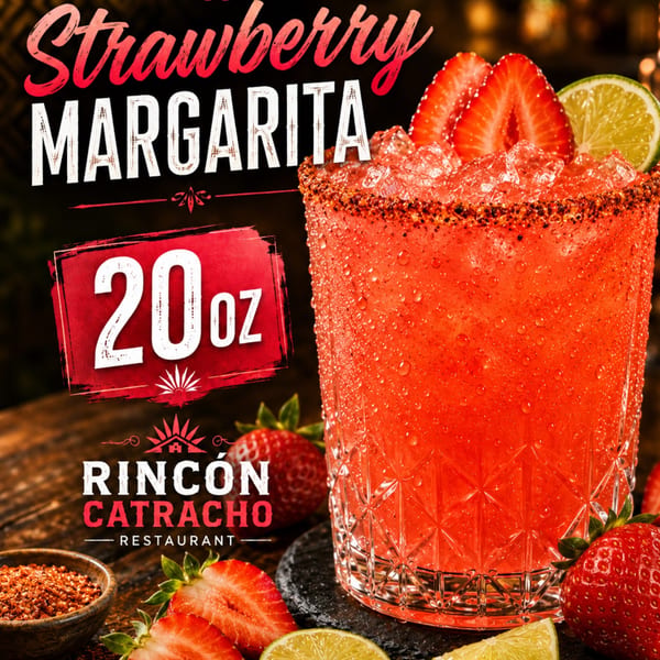 A vibrant strawberry margarita with a chili-lime rim, garnished with fresh strawberries and lime slices.