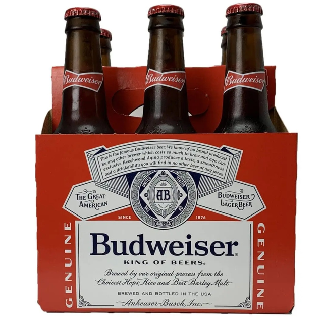 Budweiser Beer 6 Pack 12 floz Bottles.