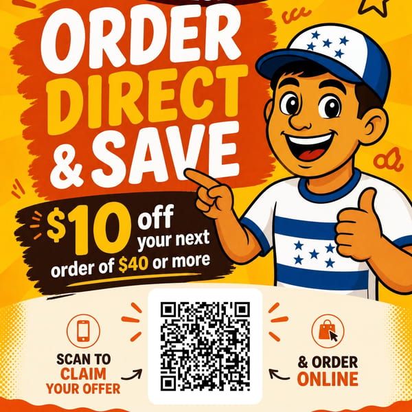 Cartoon boy in a blue and white cap and shirt, pointing to a QR code for a $10 off offer.
