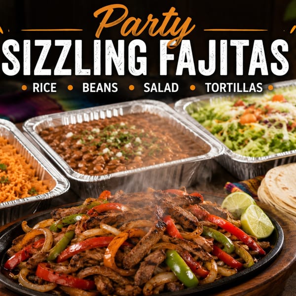 Sizzling fajitas with peppers and onions, alongside rice, beans, salad, and tortillas in foil containers.